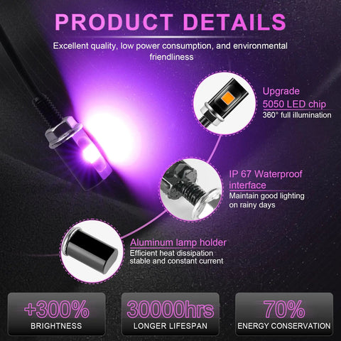 Crazy Bright 5050 LED License Plate Light Kit 12V Waterproof Black Aluminum Holder Purple details and features