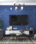 Modern living room with Navy Blue 3D Wall Panels PVC Slim Wave Covers For Interior Decor, Waterproof And Fire Resistant behind TV.