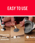 Steps showing usage of KwikWeld Quick Setting Steel Reinforced Epoxy For Home Auto Marine DIY Repairs on cardboard with mixing and application.