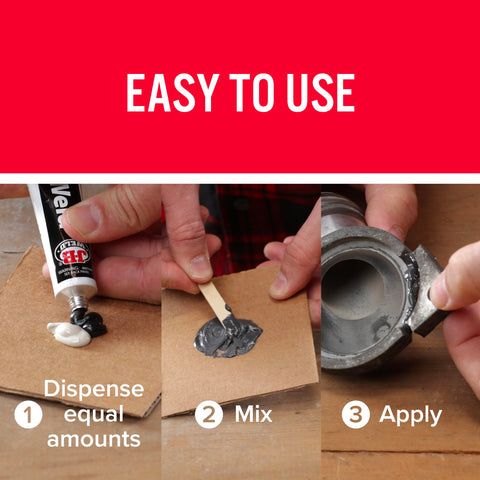 Steps showing usage of KwikWeld Quick Setting Steel Reinforced Epoxy For Home Auto Marine DIY Repairs on cardboard with mixing and application.