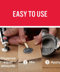 MarineWeld Two Part Marine Epoxy for Your Go-To Boat Repairs, 2 oz, showing steps to dispense, mix, and apply for a waterproof seal.