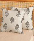 Gray Brown Linen Pillow Cover Set 18x18, 2 Pack Floral Block Print, Modern Vintage Boho Decor For Couch And Outdoor, Fade Resistant Cushion Covers, Neutral Farmhouse Throw Pillows on bed