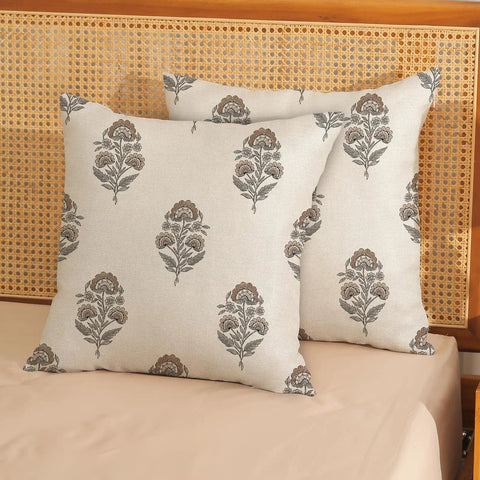 Gray Brown Linen Pillow Cover Set 18x18, 2 Pack Floral Block Print, Modern Vintage Boho Decor For Couch And Outdoor, Fade Resistant Cushion Covers, Neutral Farmhouse Throw Pillows on bed