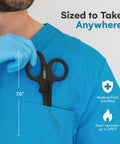 7.5 Inch Trauma Shears For Left Or Right Hand, Premium Stainless Steel Medical Scissors With Non Stick Coated Blades, Fluoride Coated Nurse Scissors, Durable Black Nursing Shears For Easy Cutting, clipped to blue scrubs