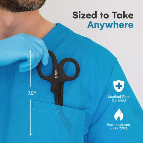 7.5 Inch Trauma Shears For Left Or Right Hand, Premium Stainless Steel Medical Scissors With Non Stick Coated Blades, Fluoride Coated Nurse Scissors, Durable Black Nursing Shears For Easy Cutting, clipped to blue scrubs