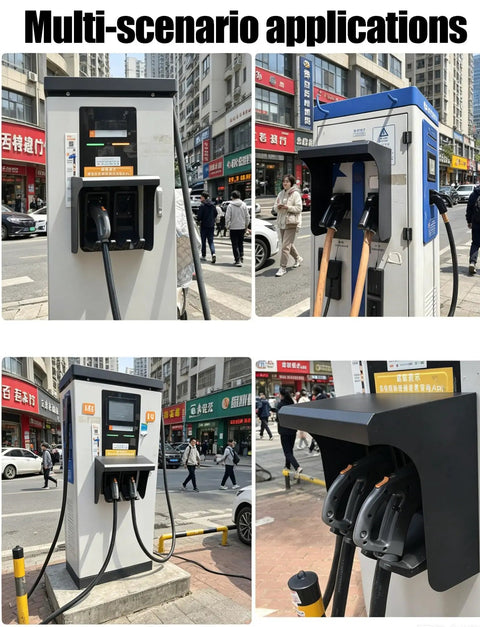 Heavy Duty Electric Vehicle Charger Cover Badass Outdoor Wall Box Shell Keeps Your EV Station Bone Dry Away From Wet Rain Snow And Brutal Sunny Weather, shown in urban setting with charging cables.