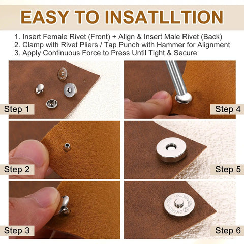 Easy installation steps for Kickass Heavy Duty Copper Magnetic Snap Buttons For Leather Crafting Jobs with visuals.