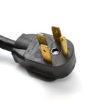 Close-up of the 4-prong L14-50P plug on the 25 Foot 30 Amp Extension Power Cord With L14-50P Plug And Bare Cut 10 AWG Wire.
