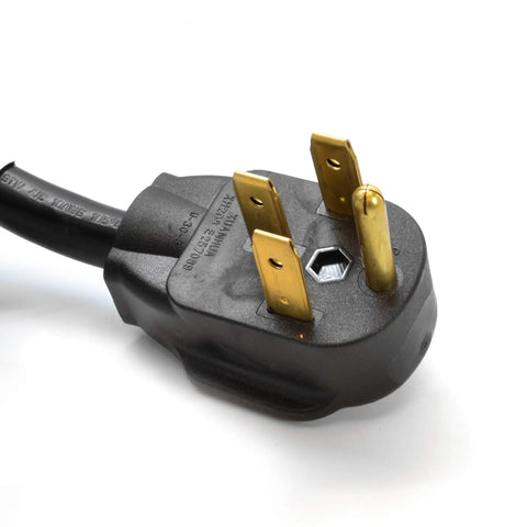 Close-up of the 4-prong L14-50P plug on the 25 Foot 30 Amp Extension Power Cord With L14-50P Plug And Bare Cut 10 AWG Wire.