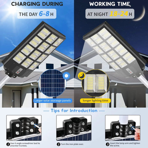 Diagram of Ultra Bright 800W Solar Street Light with Motion Sensor and Remote Control, 1150 LED light charging and working times