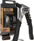 Pro Rivet Gun Kit with 120 Pop Rivets and 4 HSS Drills for Quick, Easy Blind Rivet Fixes, shown in packaging with tools.