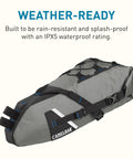 Mule 9 Bikepacking Rolltop Waterproof Saddle Bag for tents and gear with IPX5 rating, shown in wolf grey recycled sailcloth.