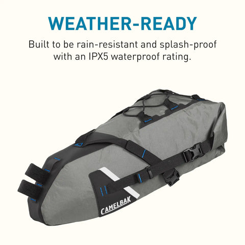 Mule 9 Bikepacking Rolltop Waterproof Saddle Bag for tents and gear with IPX5 rating, shown in wolf grey recycled sailcloth.