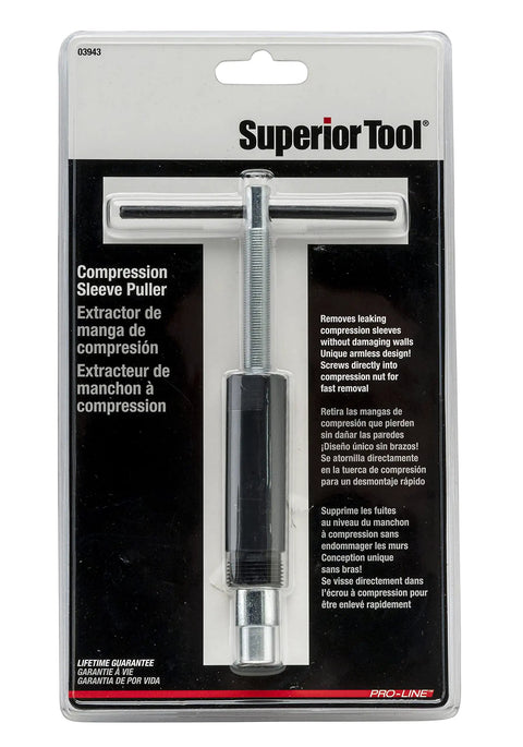 Packaging of Compression Sleeve Puller And Sleeve Remover For 1/2-Inch Fittings in black and silver.