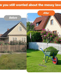 Before and after lawn cleanup with Thatch Rake Pro 19 Curved Steel Tines 15 Inch Lawn Dethatching Rake with Ergonomic Handle.