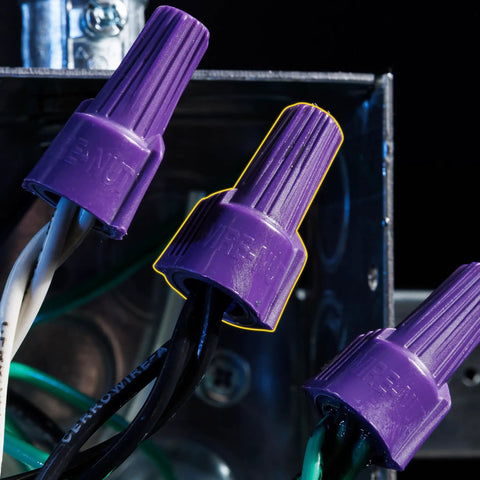 Close-up of Purple Aluminum To Copper Twist On Wire Nuts 301765S Pack Of 10 With Antioxidant Filler connected to wires in a junction box