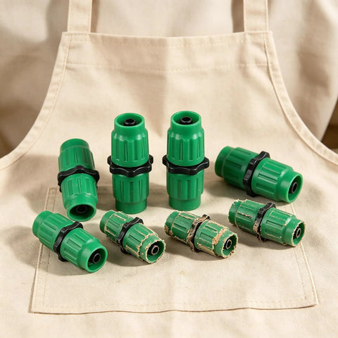 Heavy Duty Expandable Garden Hose Repair Kit With Dual Quick Connectors For 5/8 3/4 Inch Fittings Fits 25 50 75 100 Feet Leaks Green Color 4 Pack Set Drip Irrigation Parts For Easy Fix And Maintenance, green hose connectors on apron
