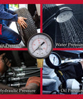 Winters 2-inch dial pressure gauge; brass internals, black steel case; dual psi/kPa; air, water, hydraulic, oil.