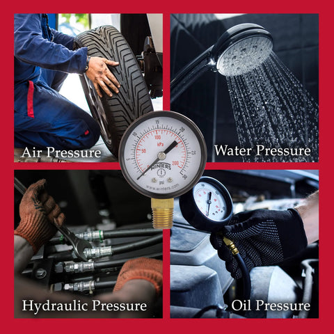 Winters 2-inch dial pressure gauge; brass internals, black steel case; dual psi/kPa; air, water, hydraulic, oil.