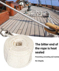 75ft Double Braid Nylon Boat Dock Line With Stainless Steel Thimble For Mooring And Towing shown on a wooden deck.