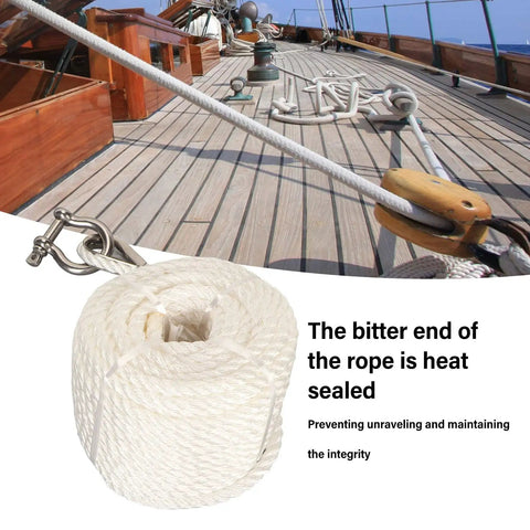 75ft Double Braid Nylon Boat Dock Line With Stainless Steel Thimble For Mooring And Towing shown on a wooden deck.