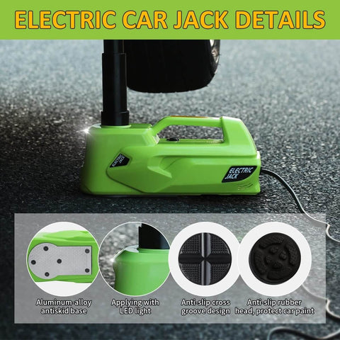 Electric Car Jack 5 Ton 12V Hydraulic Lift With LED Light and Built In Safety Hammer details and features display