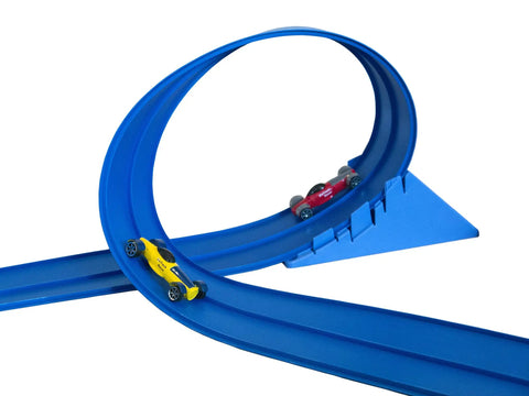 Classic 15-Foot Race Track Starter Set With 2-Lane Wide Track, 2026 Upgrade, blue loop with red and yellow cars.
