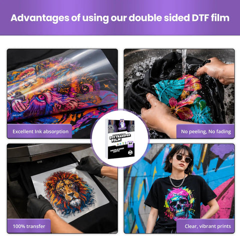DTF Transfer Film A4 50 Sheets Premium Pro Grade Matte Double Sided PET Transfer Paper For Direct To Garment T Shirts 8.3x11 Inches With Seven Layer Coating For Bold Colors Strong Ink Absorption Anti Static Easy Application, showcasing print quality and garment application.