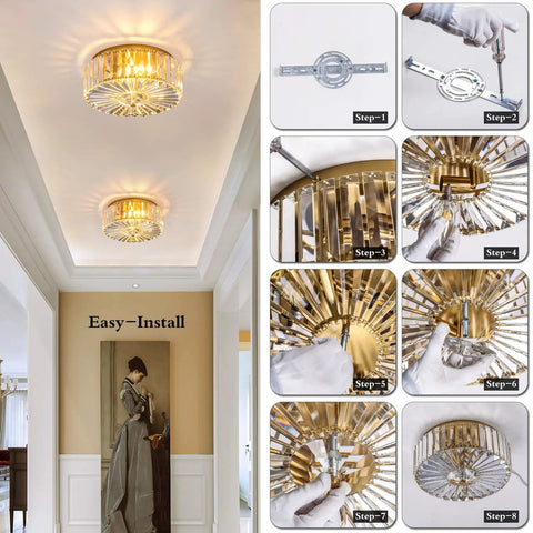 Four Light Crystal Drum Ceiling Light Fixture With Gold Brass Finish, Flush Mount Round Metal Shade, Dimmable And E12 Bulb Compatible, Luxe Modern Glow That Slaps In Dining Room, Living Room, Bedroom, And Bathroom