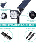 Lit 10 LED Solar Outdoor Lights Pack with larger solar panel and anti-rotation design, IP66 waterproof features showcased in diagram