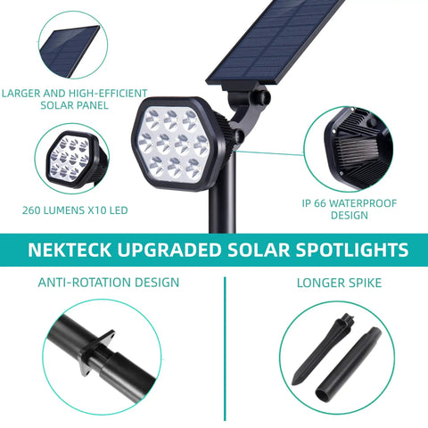 Outdoor Solar Lights 10 LED Landscape Spotlights 2-In-1 Wall and Path Lighting for Yard Garden Walkway Porch Pool Driveway 4-Pack Warm White Weatherproof Durable showcasing features like high-efficiency solar panel and waterproof design.