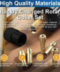 Brass Rotary Tool Collet Set With 1mm 1.6mm 2.4mm 3.2mm Sizes 2 Pack For Precise Fit And Quick Accessory Hold Compatible With Most Rotary Tools Durable Brass Construction For Grinding Carving And Detail Work That Grips Like A Pro shown with multiple collets and text about quality materials.