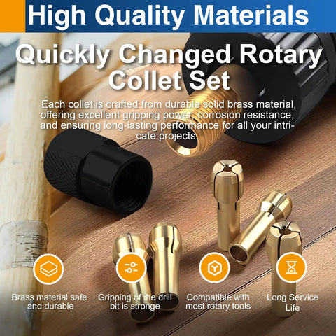 Brass Rotary Tool Collet Set With 1mm 1.6mm 2.4mm 3.2mm Sizes 2 Pack For Precise Fit And Quick Accessory Hold Compatible With Most Rotary Tools Durable Brass Construction For Grinding Carving And Detail Work That Grips Like A Pro shown with multiple collets and text about quality materials.