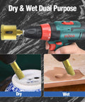 Heavy Duty Three Piece Diamond Drill Bit Hole Saw Kit For Smashing Through Ceramic Tile Granite Marble And Glass Bottles Without Breakage Plus Knockout Cutting Power Measures Two Fifth To Four Fifth Inches Wide in use for dual wet and dry cutting.