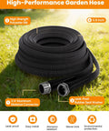 Front view of 100 ft black garden hose with aluminum connectors coiled on grass
