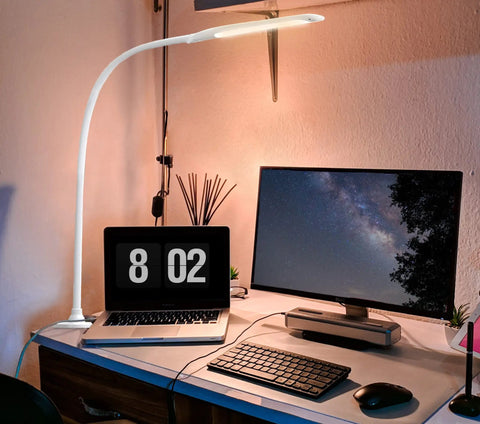 LED Clip On Desk Lamp With Clamp For Home Office Adjustable Swing Arm Touch Control 9W Power on desk with computer setup