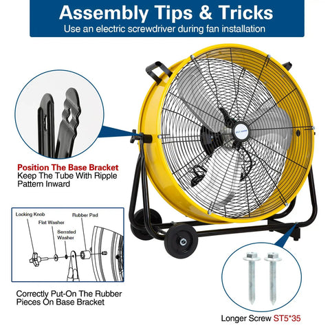 Beast Mode High Velocity Industrial Drum Fan 24 Inch with 8100 CFM assembly tips and tricks, showing yellow metal fan and installation guide.