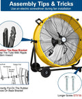 Assembly tips for 24 Inch High Velocity Drum Fan With 8100 CFM Three Speed Beefy Heavy Duty Tilt Floor Shop Fan, showing base bracket details.