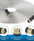 Garden hose, 100 ft, braided metal exterior with brass 3/4 in connectors