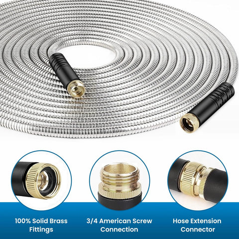 Garden hose, 100 ft, braided metal exterior with brass 3/4 in connectors