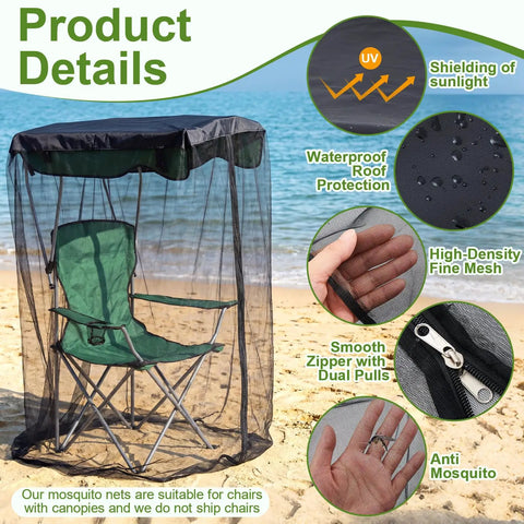 63 Inch Mosquito Net Cover For Canopy Chair With Waterproof Roof And Opening Zipper Heavy Duty Bug Barrier Mesh For Fishing Camping Outdoor Chairs Excludes Chair Fits Most Single Person Canopies installed on green chair by the beach