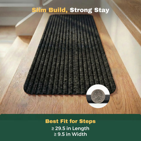No Slip Carpet Stair Treads 8 By 30 Inches Pack Of 28 With Reusable Adhesive, Slip Resistant Indoor Stair Runner Black on wooden stairs