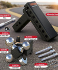 Adjustable Trailer Hitch With 360 Degree Swivel Tri Ball Mount And Tow Hook Lock, Rotating 3 In 1 Ball System For 1 7/8, 2, And 2 5/16 Inch Balls, Rated Up To 15,000 Lbs GTW And 10,000 Lbs Tow Hook, black steel hitch with pins and clips