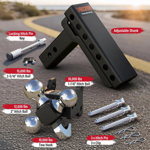Adjustable Trailer Hitch With 360 Degree Swivel Tri Ball Mount And Tow Hook Lock, Rotating 3 In 1 Ball System For 1 7/8, 2, And 2 5/16 Inch Balls, Rated Up To 15,000 Lbs GTW And 10,000 Lbs Tow Hook, black steel hitch with pins and clips