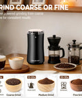 One Touch Electric Coffee Grinder For Beans, Spices, Herbs And Seeds in black on a kitchen counter with coffee equipment.
