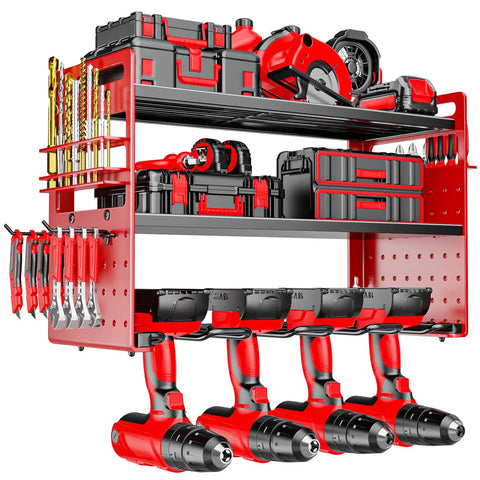 Modular Power Tool Organizer Wall Mount For Garage, Heavy Duty Metal Cordless Tool Storage Rack With Hooks, 3 Tier Shelf And Built In Power Strip, Side Pegboard For Screwdrivers, Premium Gift For DIYers