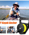 A person using Compact 150 Foot Scuba Dive Reel With Thumb Stopper for kayaks, showing bright yellow nylon line.