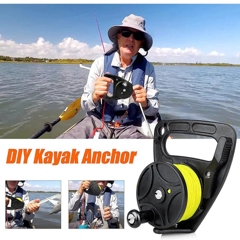 A person using Compact 150 Foot Scuba Dive Reel With Thumb Stopper for kayaks, showing bright yellow nylon line.