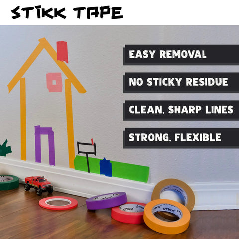 Wall display with Stikk painter tape, easy removal, no residue. 2 Inch Painter Tape For Sharp Edges And Clean Lines 60 Yards Of Residue Free Masking Tape For Diy Paint Projects Great For Baseboards Trim Ceilings And More With Pro Grade Adhesive Yet Easy To Remove.
