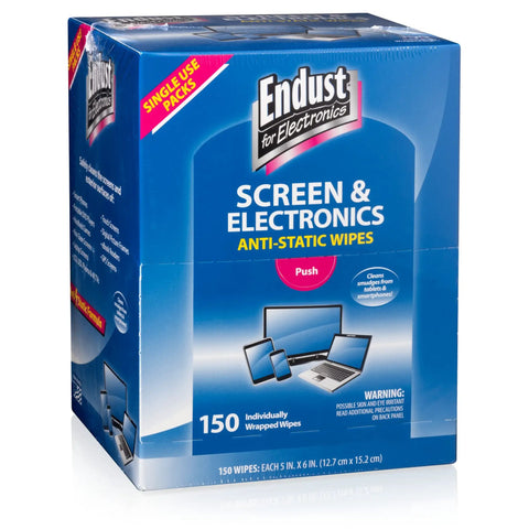 Electronics Cleaning Wipes With Anti Static Formula box, 150 individually wrapped, for screens and electronics, front view